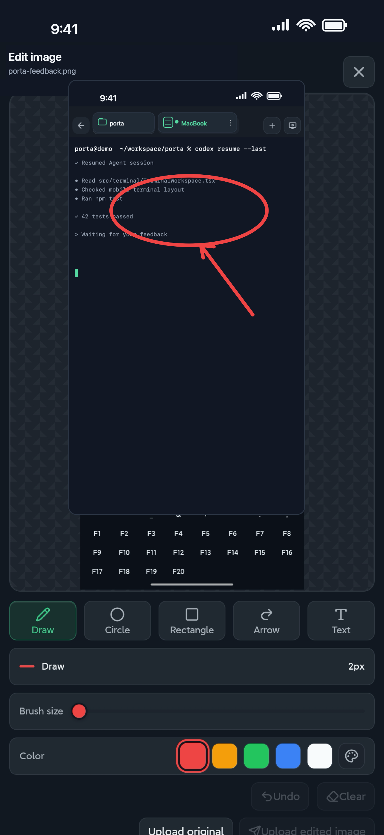 Porta visual feedback editor marking a precise issue in a mobile product screenshot