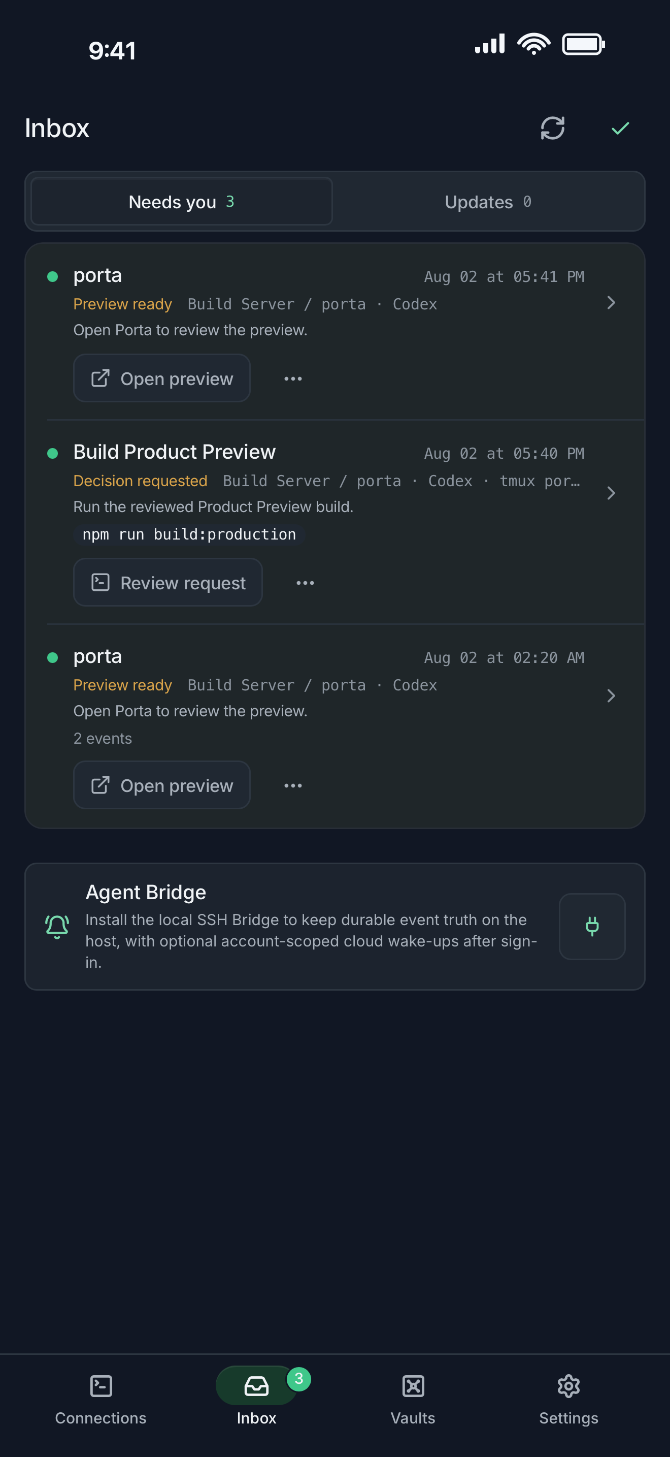 Porta Agent Inbox showing remote coding-agent work requiring a mobile decision