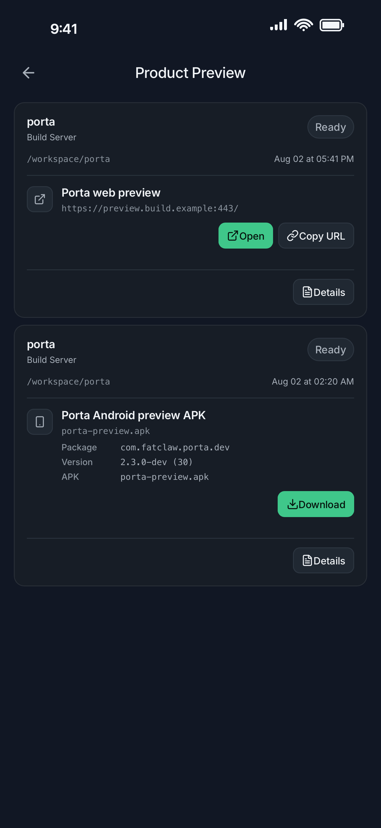 Porta Product Preview with real ready web and Android artifacts