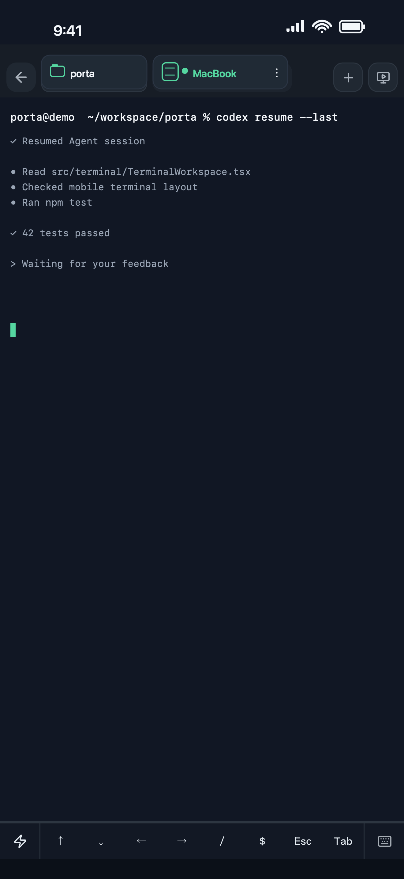Porta continuing a remote coding-agent terminal session from a phone
